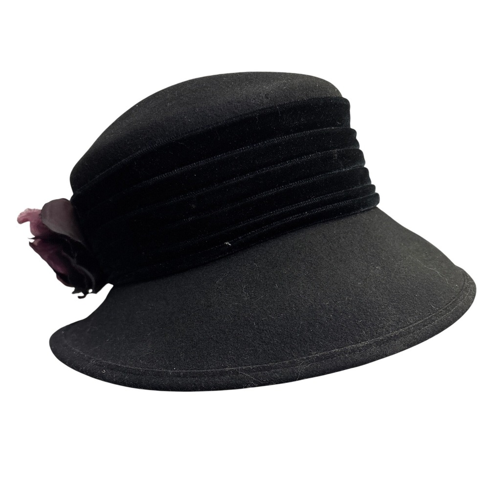 Cappelli Straworld Black Felt Cloche Hat With Velvet Band And Fabric Flower